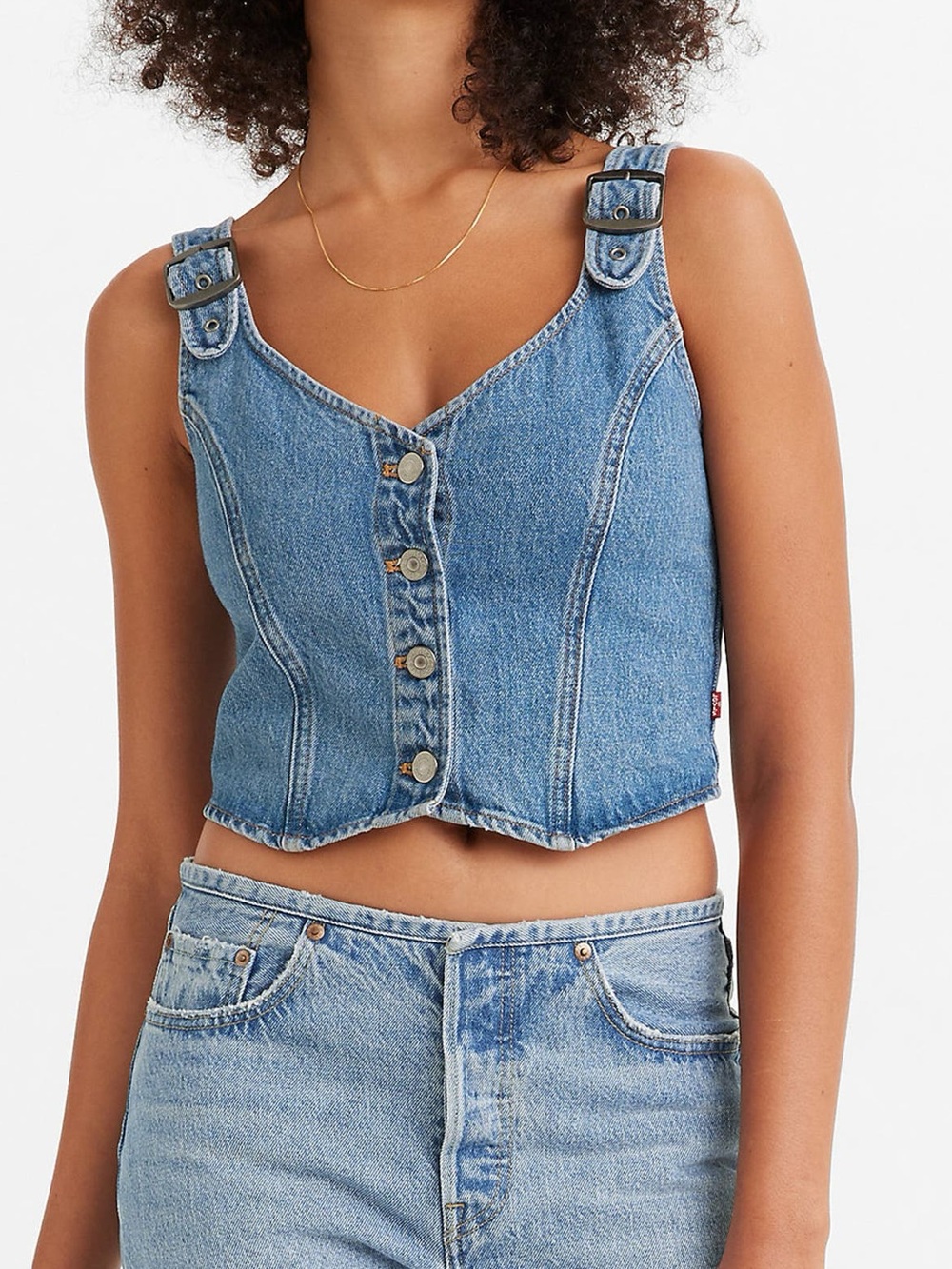 Levi's Women's Charlie Denim Crop Tank Top with buckle straps. Size Large.